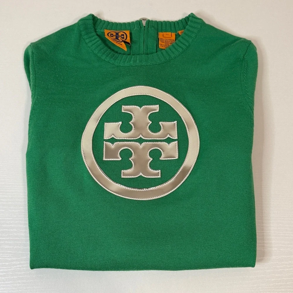 Tory Burch Wool Logo Pullover Sweater - Kelly Green with Silver Metallic Logo - Picture 15 of 15